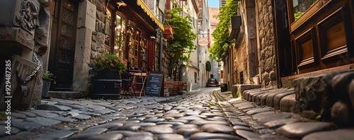 Cobblestone Street in a European City with a Red Car in the Distance