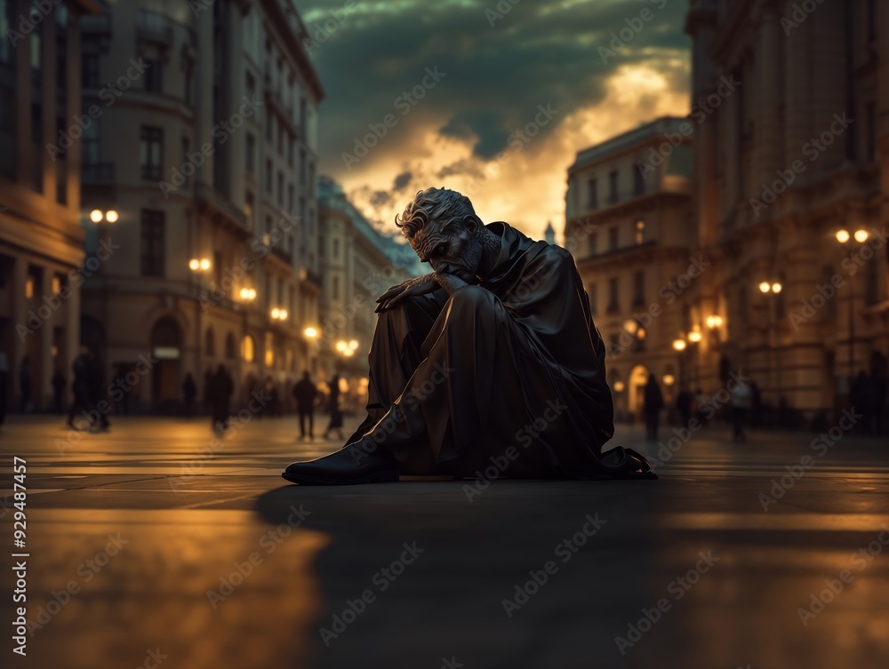 Lonely Elderly Man Sitting on Empty City Street at Dusk Lonely Elderly Man Sitting on Empty City Street at Dusk