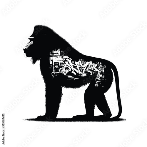 silhouette of Mandrill, filled with graffiti street wall in rough drawing, photo