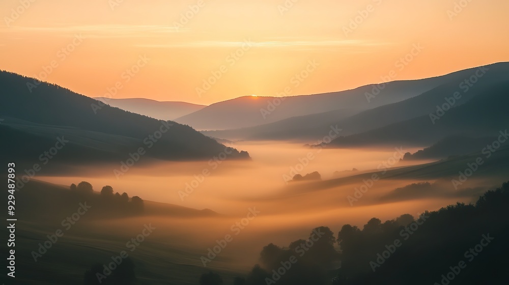A long exposure shot of moving fog in a valley at dawn, with a faint orange glow from the rising sun A long exposure shot of moving fog in a valley at dawn, with a faint orange glow from the rising sun