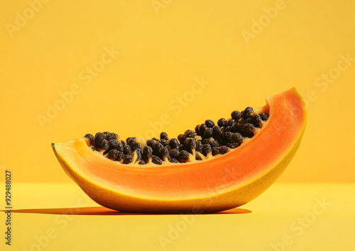 Papaya with smooth orange flesh displayed on a clean surface, showcasing its vibrant color and texture, high-quality food photography, top view angle composition.  
 photo