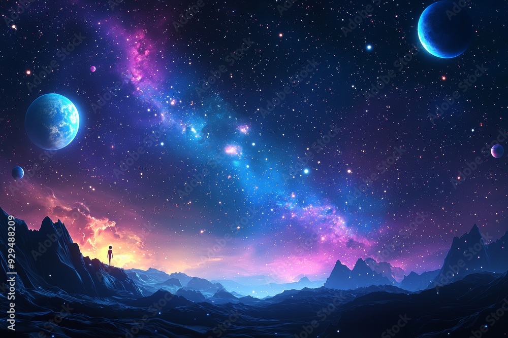 Fototapeta premium Space cosmic illustration with planets scene created with Generative AI