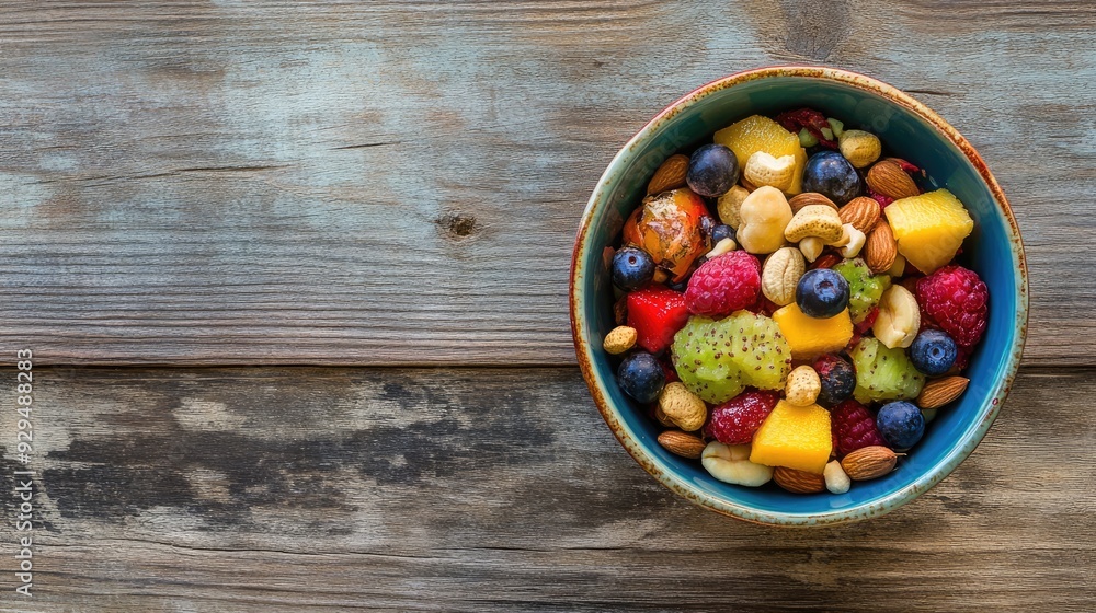 A colorful bowl of mixed fruits and nuts on a rustic wooden surface, with ample space for copy. A colorful bowl of mixed fruits and nuts on a rustic wooden surface, with ample space for copy.