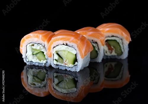 Philadelphia roll with salmon and cream cheese on a wooden board, professional food photo, top view composition showcasing sushi presentation  

 photo