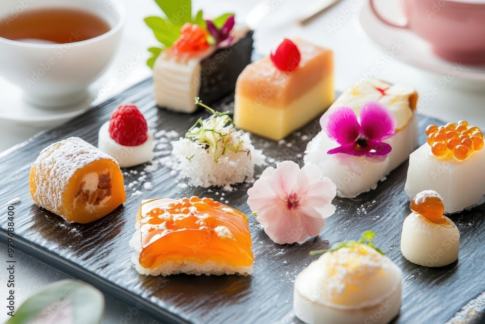 Japanese kaiseki dessert course with delicate sweets and tea, Japanese Cuisine, elegant kaiseki dessert Japanese kaiseki dessert course with delicate sweets and tea, Japanese Cuisine, elegant kaiseki dessert