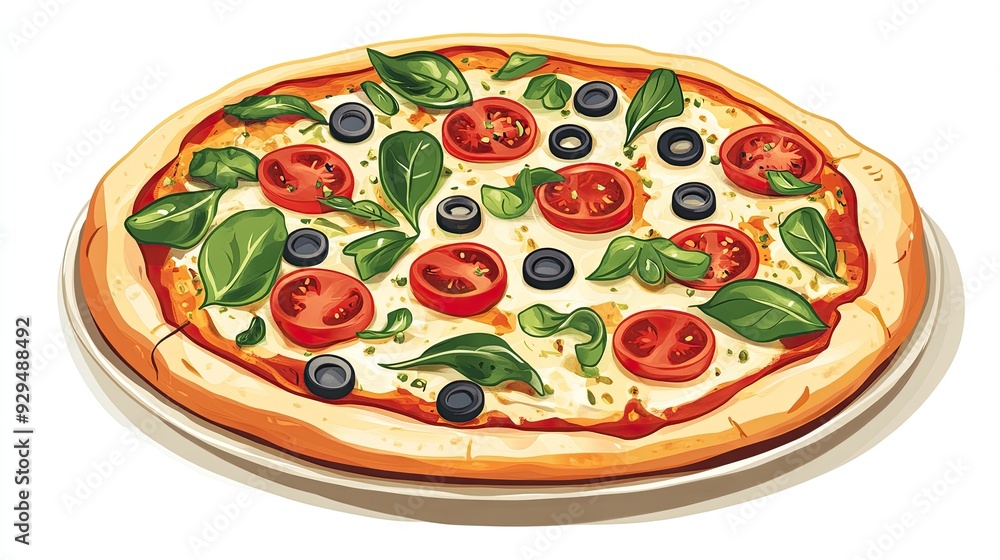 A colorful clipart of a veggie pizza with fresh toppings, with ample space for text or logos. A colorful clipart of a veggie pizza with fresh toppings, with ample space for text or logos.