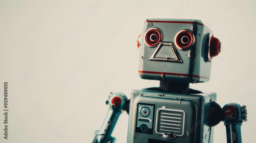 Fototapeta premium Vintage toy robot with a distressed, metallic finish, symbolizing advancement and creativity