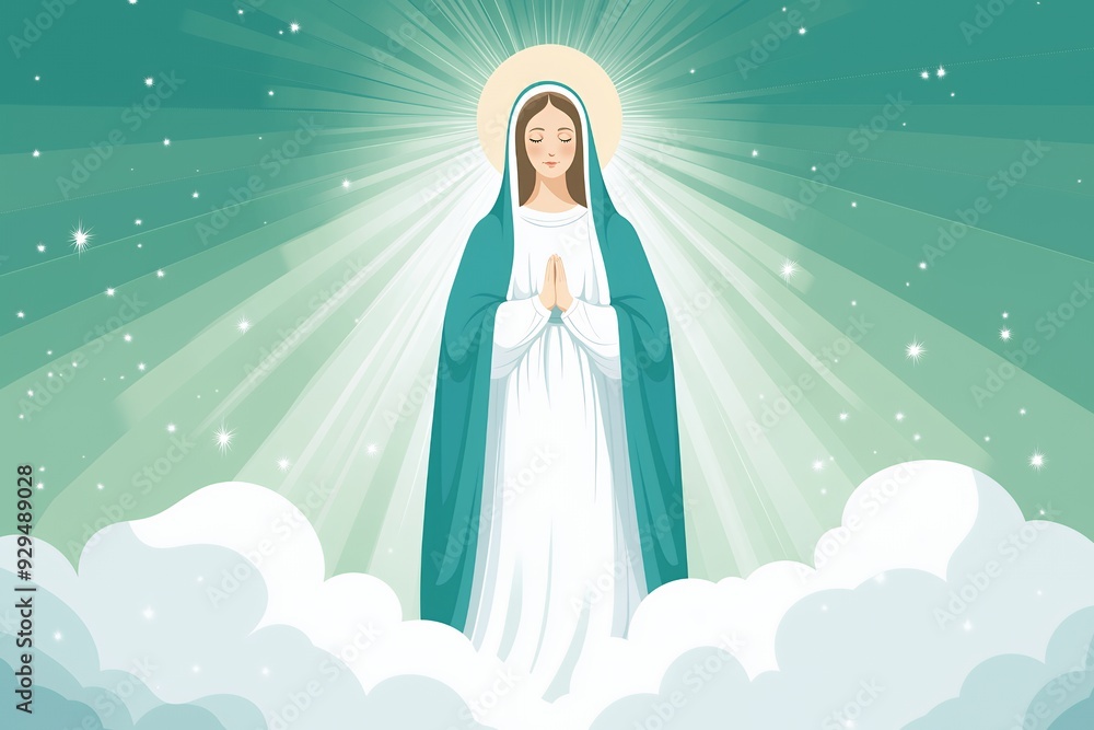 A serene figure in a white robe with a halo, standing amidst clouds and rays of light. A serene figure in a white robe with a halo, standing amidst clouds and rays of light.