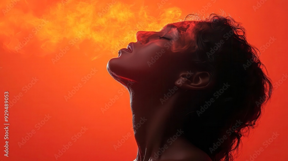 A woman exhales a plume of smoke her face illuminated by the fiery glow A woman exhales a plume of smoke her face illuminated by the fiery glow