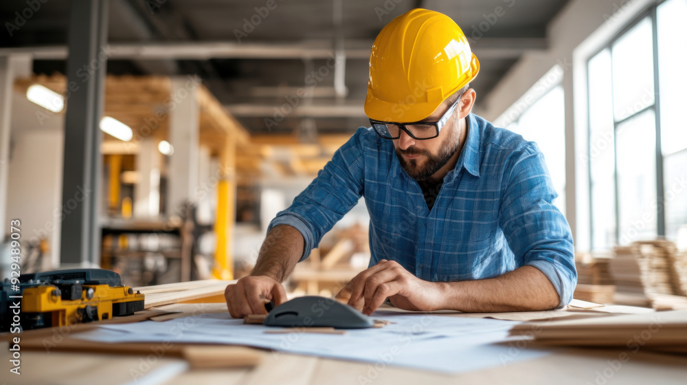 A focused construction worker in a hard hat and glasses measures on a blueprint at a workshop, emphasizing precision and planning. A focused construction worker in a hard hat and glasses measures on a blueprint at a workshop, emphasizing precision and planning.