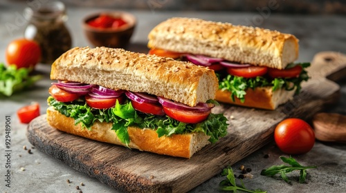 A delicious sandwich with fresh ingredients on a wooden cutting board, with ample copy space on a neutral background.