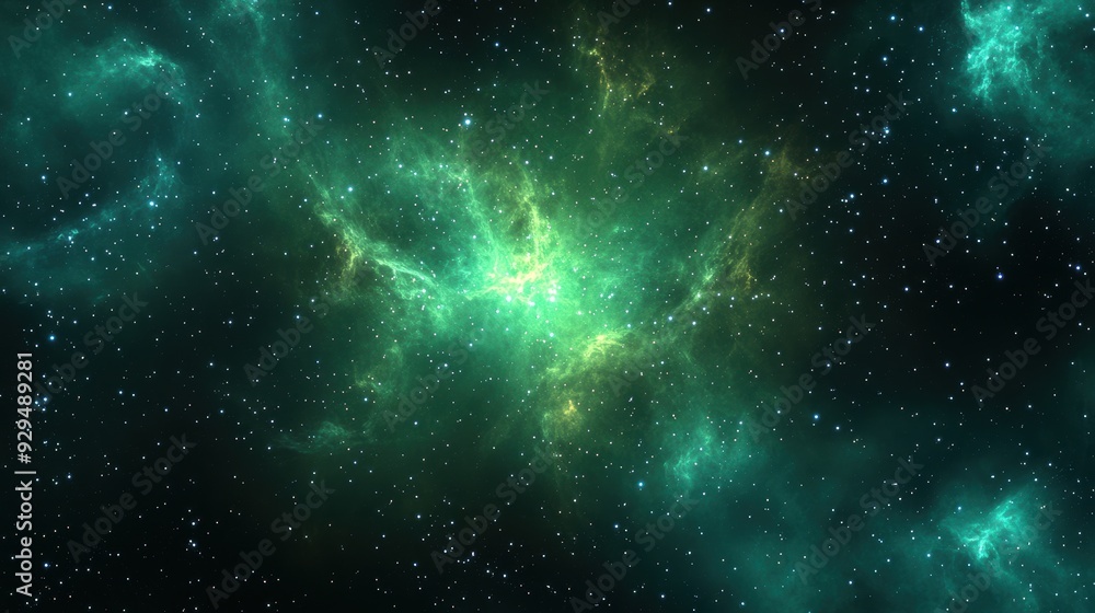 Fototapeta premium A vibrant depiction of a cosmic scene filled with green nebulae and twinkling stars.