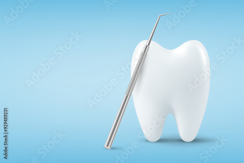 Vector 3d Realistic Tooth and Dental Probe for Teeth Closeup Isolated on Blue Background. Medical Dentist Tool. Design Template, Clipart, Mockup. Dentistry, Healthcare, Hygiene Concept