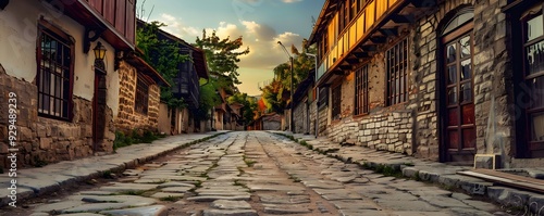 Cobblestone Street Winding Through a Historic Stone Village