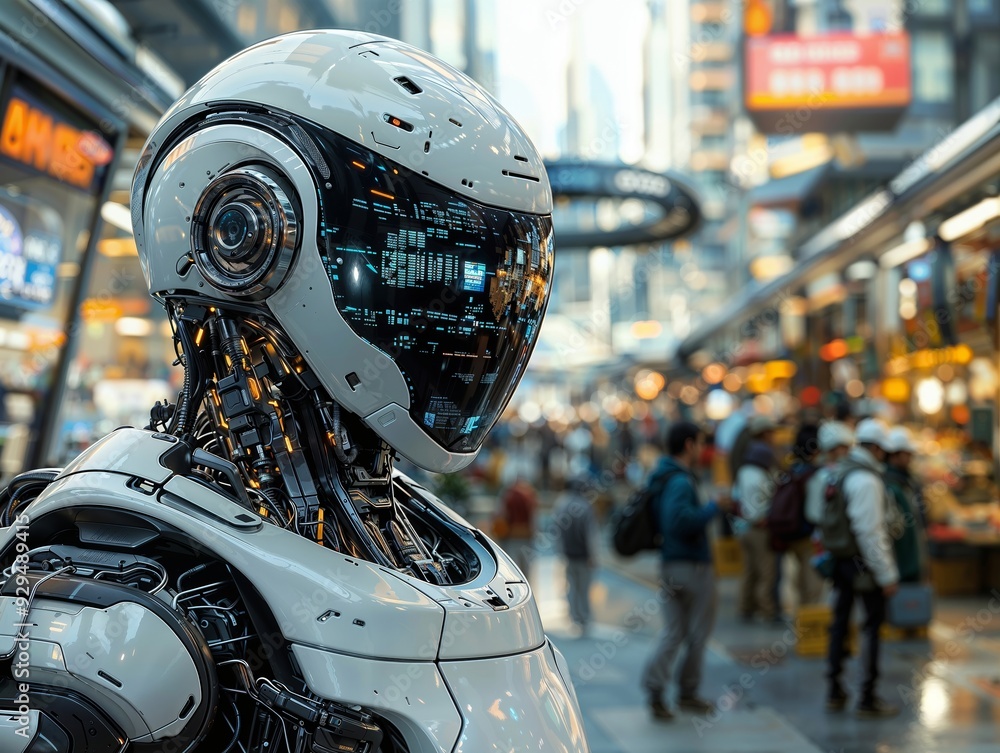 Fototapeta premium Futuristic Humanoid Robot Exploring Busy Urban Street Market