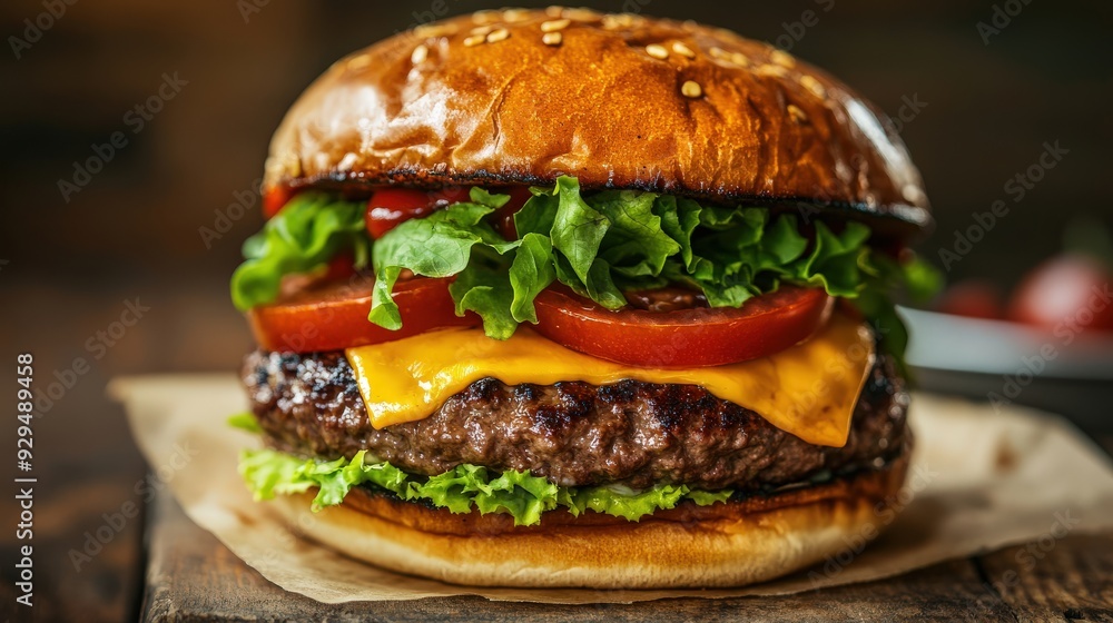Juicy burger with ample copy space, showcasing layers of cheese, lettuce, and tomato on a perfectly toasted bun. Juicy burger with ample copy space, showcasing layers of cheese, lettuce, and tomato on a perfectly toasted bun.