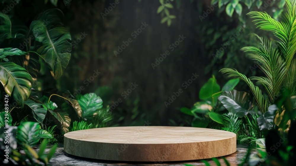Jungle-themed background podium with a 3D green wood product platform and pedestal. Features a tropical setting with trees, leaves, and a summer forest ambiance Jungle-themed background podium with a 3D green wood product platform and pedestal. Features a tropical setting with trees, leaves, and a summer forest ambiance