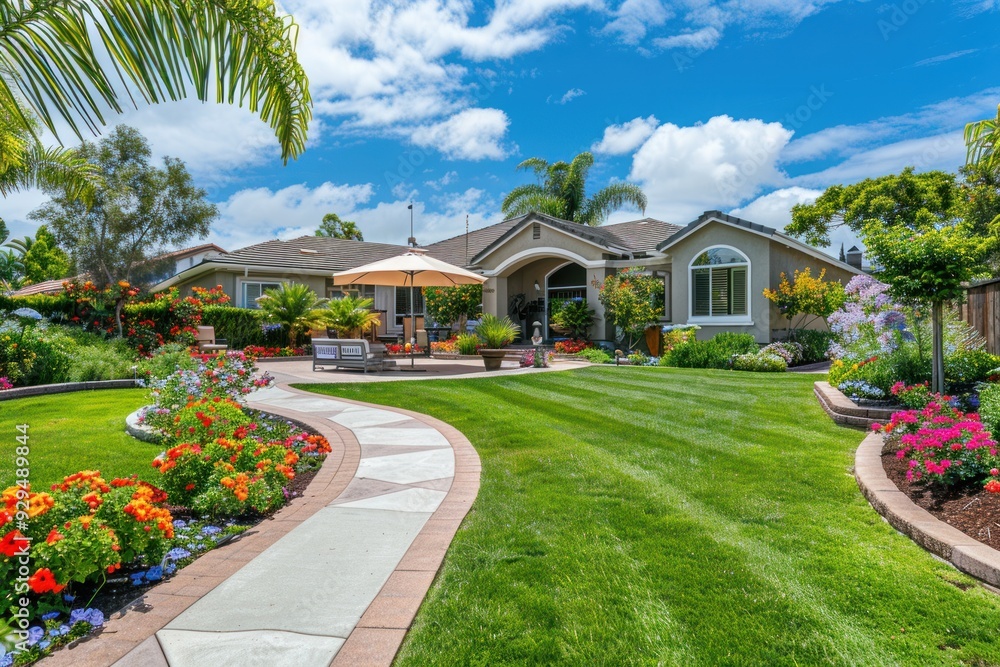 Fototapeta premium Spacious Backyard with Lush Greenery and Stone Pathway