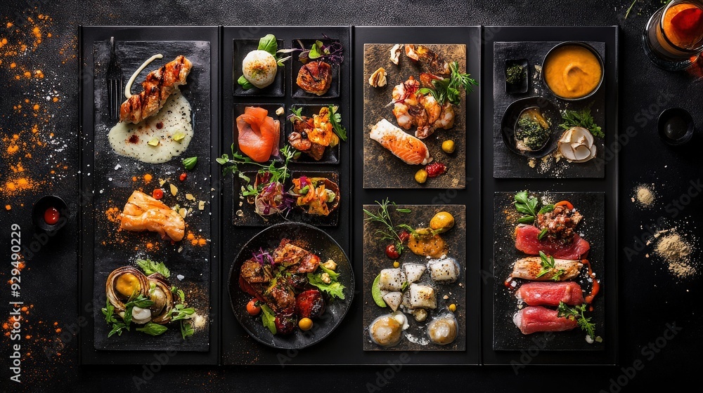 Modern food menu with a focus on international cuisine, featuring colorful images of diverse dishes, with clear sections for appetizers, mains, and desserts. Modern food menu with a focus on international cuisine, featuring colorful images of diverse dishes, with clear sections for appetizers, mains, and desserts.