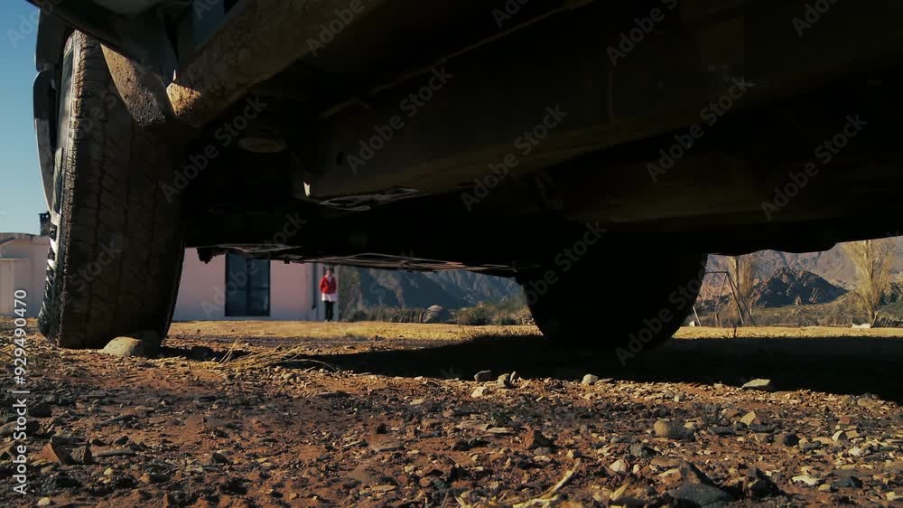 Men Get Out of a Pickup Truck at a Rural School in La Rioja Province, Argentina – Ground-Level View in 4K Resolution Men Get Out of a Pickup Truck at a Rural School in La Rioja Province, Argentina – Ground-Level View in 4K Resolution