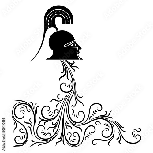 Severed helmeted head of ancient Greek warrior with blood flowing from it. Bleeding hero. Black and white silhouette.