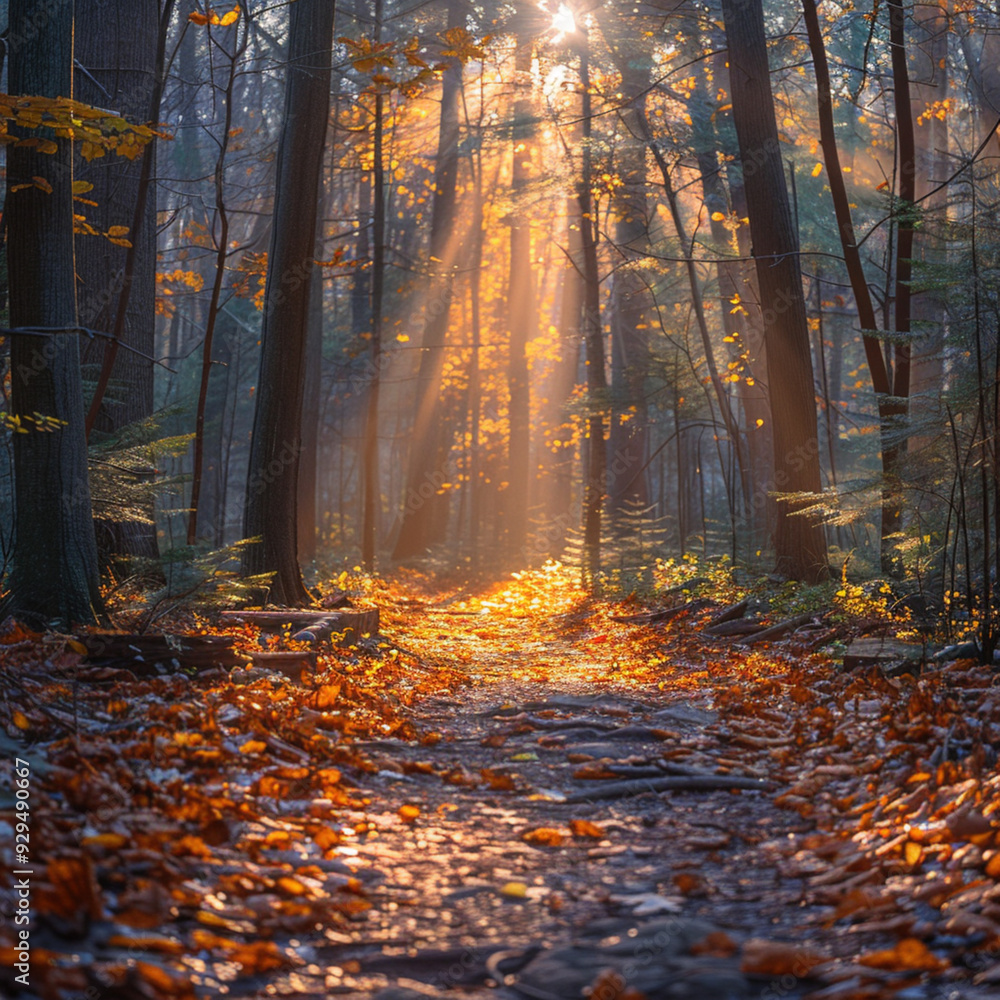 Fototapeta premium Forest Path in Autumn with Golden Leaves