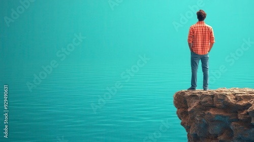 Man standing on cliff edge overlooking vast expanse of water