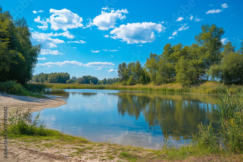 Obraz na płótnie beautiful lake with a small beach and trees and beautiful green nature in the background in summer on vacation, generative AI w salonie