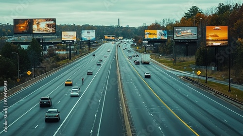 A highway with multiple billboards on either side, surrounded by moving traffic