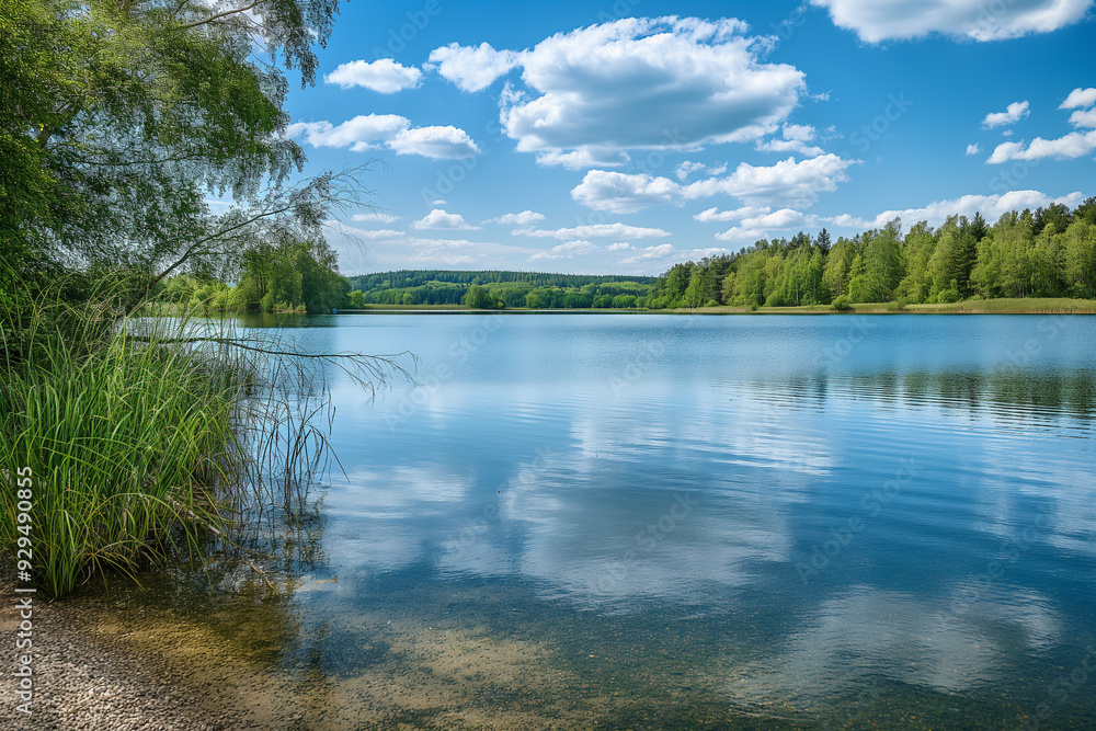 Obraz premium beautiful lake with a small beach and trees and beautiful green nature in the background in summer on vacation, generative AI