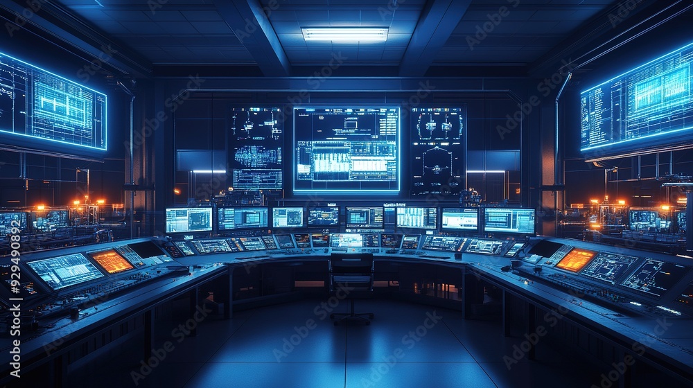 A high-resolution image of a factory's control room, with screens monitoring different stages of the production process A high-resolution image of a factory's control room, with screens monitoring different stages of the production process