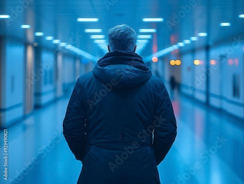 A man in a dark jacket walks down a long brightly lit hallway