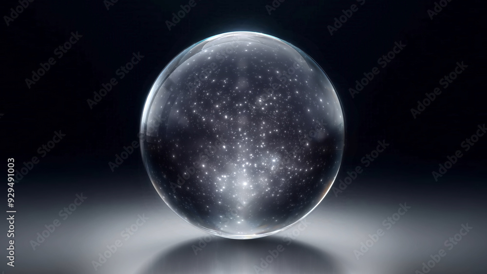 Power magic clear glass ball with sparkling effect inside, showing premium and special on black background. Power magic clear glass ball with sparkling effect inside, showing premium and special on black background.