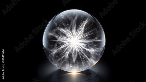 Power magic clear glass ball with sparkling effect inside, showing premium and special on black background.
