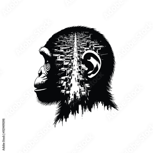 silhouette of monkey, filled with ghetto street in rough drawing,