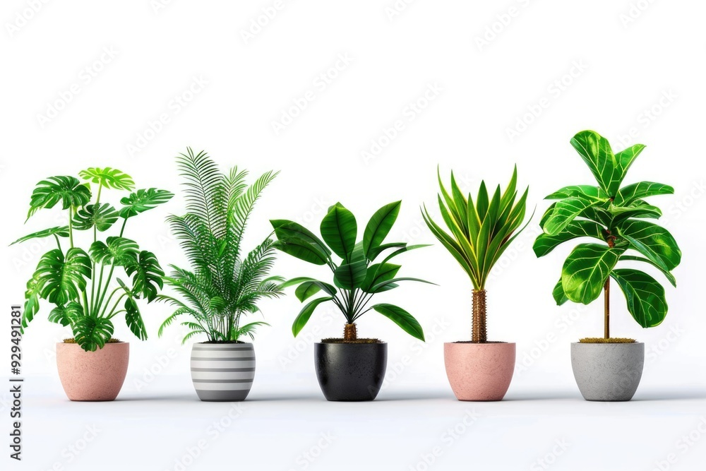 Fototapeta premium A collection of potted plants sit on a clean and simple white surface