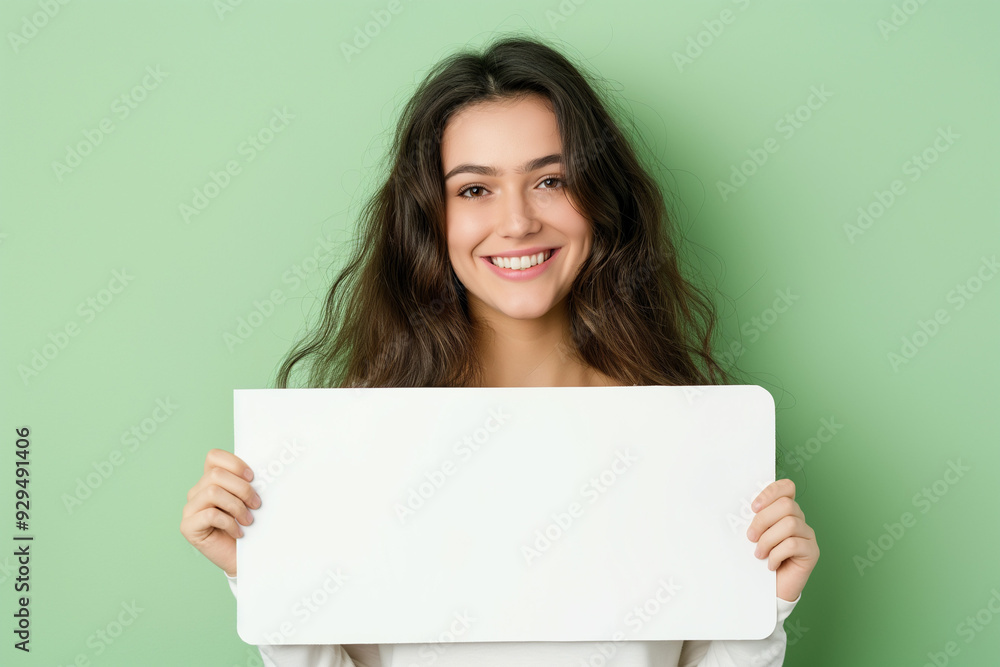 beautiful young woman on a green background holding a white board with a place for an inscription. picture for advertising, woman encourages, advertises, generative AI beautiful young woman on a green background holding a white board with a place for an inscription. picture for advertising, woman encourages, advertises, generative AI