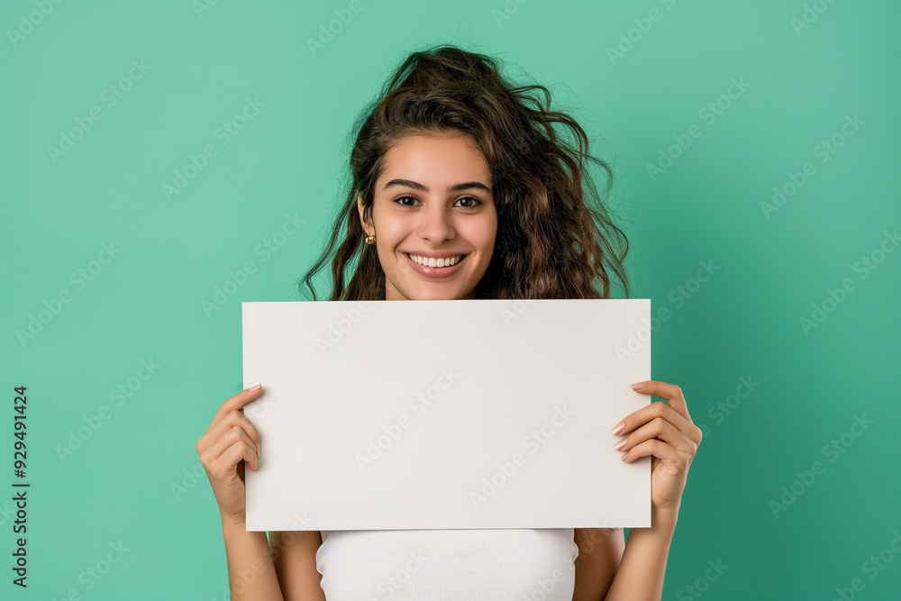 beautiful young woman on a green background holding a white board with a place for an inscription. picture for advertising, woman encourages, advertises, generative AI beautiful young woman on a green background holding a white board with a place for an inscription. picture for advertising, woman encourages, advertises, generative AI