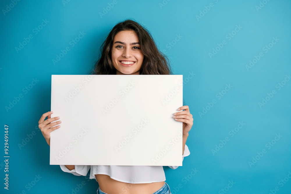 beautiful young woman on a blue background holding a white board with a place for an inscription. picture for advertising, woman encourages, advertises, generative AI beautiful young woman on a blue background holding a white board with a place for an inscription. picture for advertising, woman encourages, advertises, generative AI