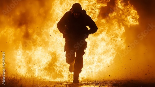 A soldier runs through a wall of fire