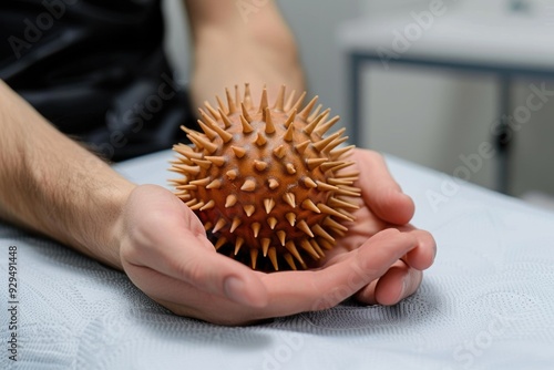 A person grasping a spiky object, possible for decorative or symbolic purposes photo