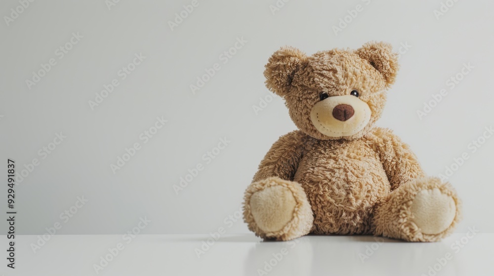 Cute teddy bear is patiently sitting on a white table, waiting to be picked up and played with Cute teddy bear is patiently sitting on a white table, waiting to be picked up and played with