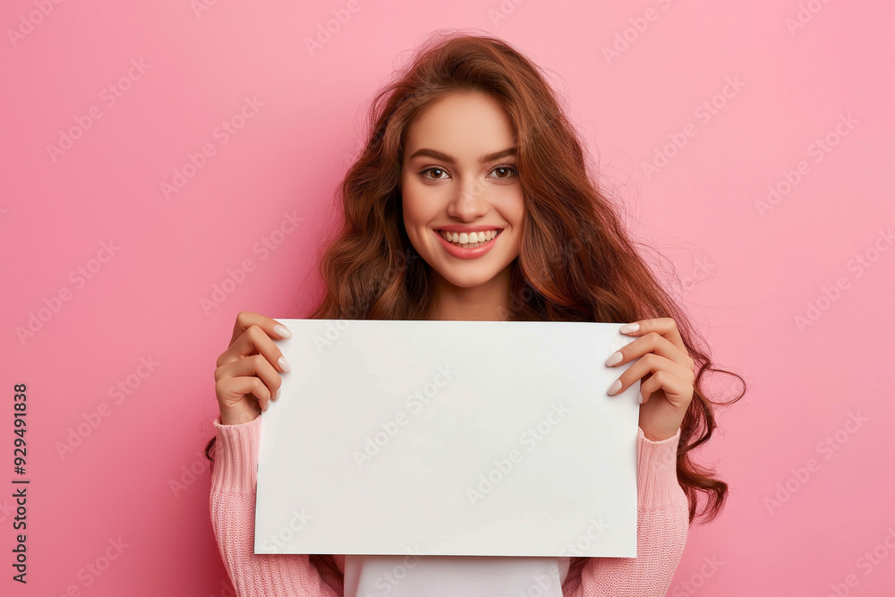 beautiful young woman on a pink background holding a white board with a place for an inscription. picture for advertising, woman encourages, advertises, generative AI beautiful young woman on a pink background holding a white board with a place for an inscription. picture for advertising, woman encourages, advertises, generative AI