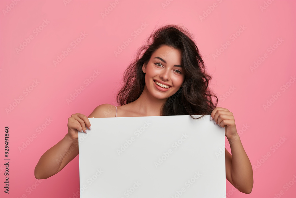 beautiful young woman on a pink background holding a white board with a place for an inscription. picture for advertising, woman encourages, advertises, generative AI beautiful young woman on a pink background holding a white board with a place for an inscription. picture for advertising, woman encourages, advertises, generative AI