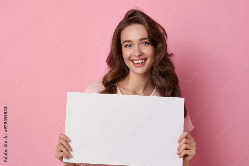 beautiful young woman on a pink background holding a white board with a place for an inscription. picture for advertising, woman encourages, advertises, generative AI beautiful young woman on a pink background holding a white board with a place for an inscription. picture for advertising, woman encourages, advertises, generative AI