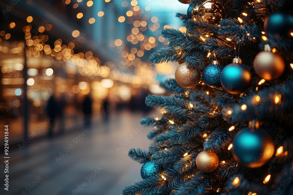 Decorated Christmas Tree with Blue and Gold Ornaments in Festive Shopping Center Decorated Christmas Tree with Blue and Gold Ornaments in Festive Shopping Center