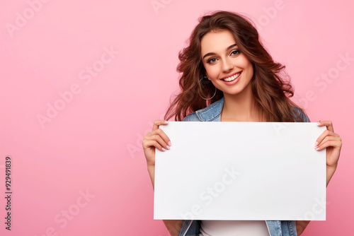 Obraz na płótnie beautiful young woman on a pink background holding a white board with a place for an inscription. picture for advertising, woman encourages, advertises, generative AI w salonie