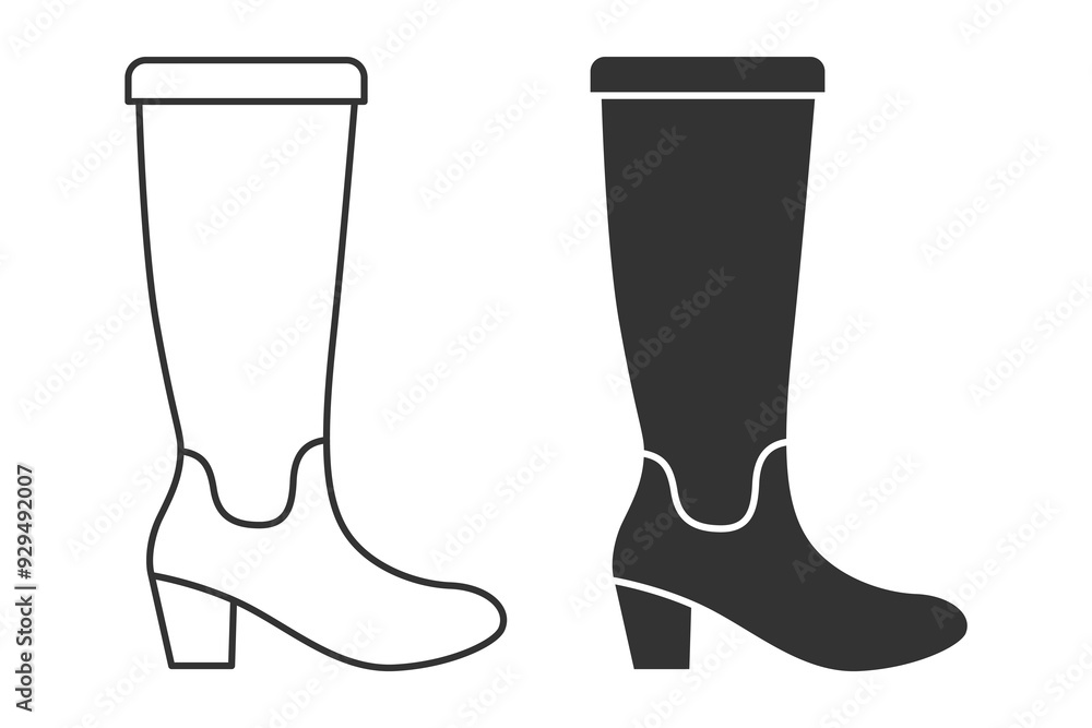 Flat Vector Linear and Silhouette Male and Female High Boots Icon Set Isolated. Footwear Symbol Set, Design Template, Clipart. Vector Illustration Flat Vector Linear and Silhouette Male and Female High Boots Icon Set Isolated. Footwear Symbol Set, Design Template, Clipart. Vector Illustration