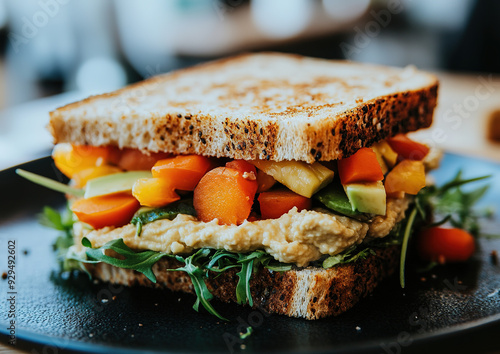 Veggie sandwich with hummus and avocado, featuring assorted vegetables, presented on a cutting board, overhead view composition with natural lighting.

 photo