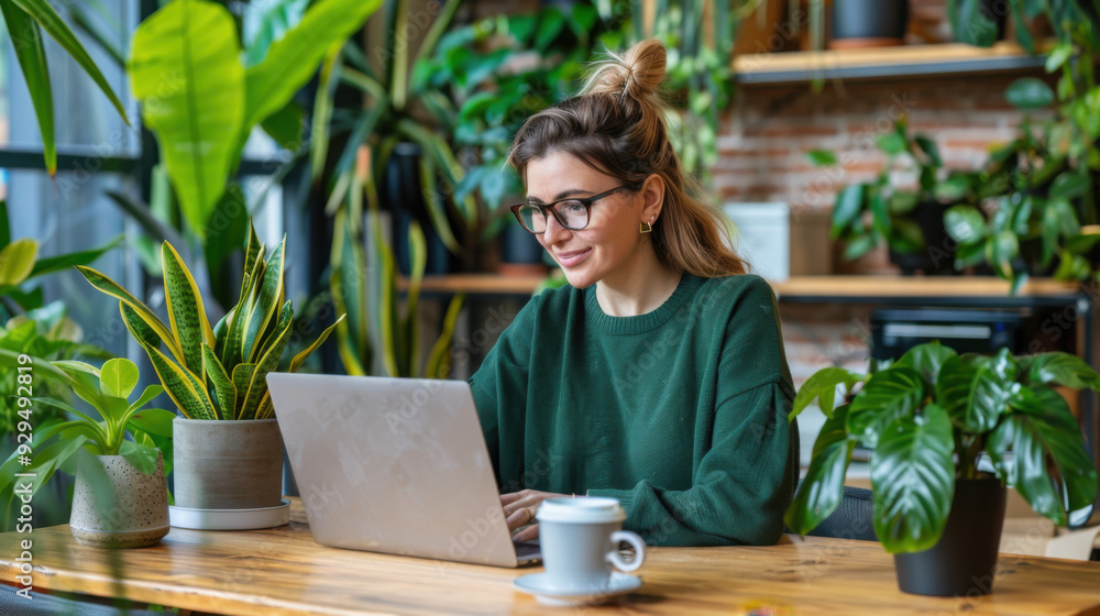 A woman in a green sweater working on her laptop in a plant-filled workspace, blending technology with nature in a home office. A woman in a green sweater working on her laptop in a plant-filled workspace, blending technology with nature in a home office.